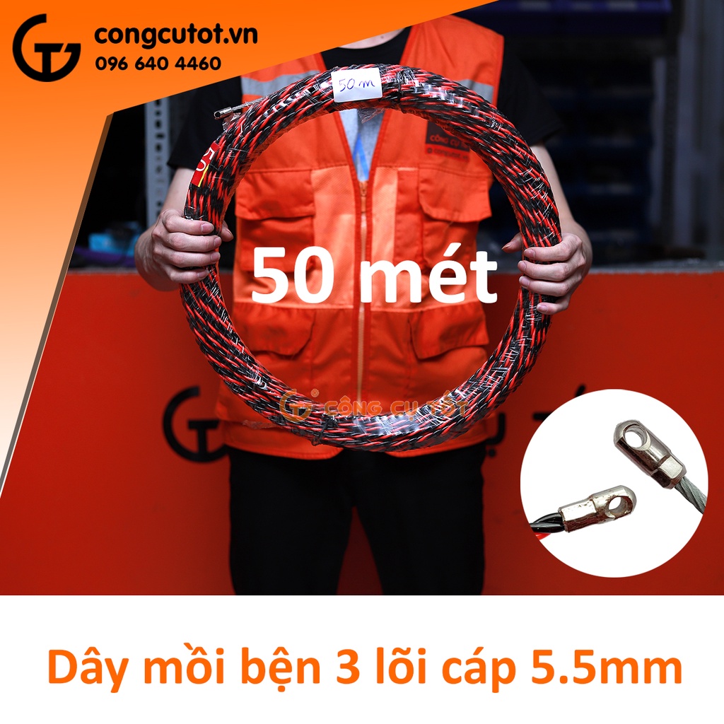 Dây mồi bện 3 lõi cáp Ø6mm cực khỏe vằn đỏ đen dài 50m
