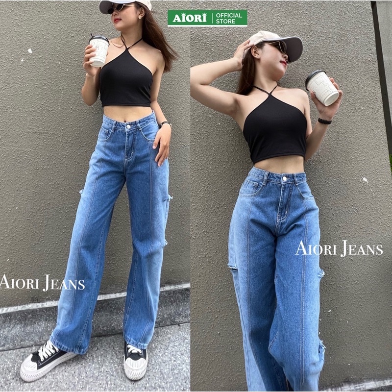 Quần Jean Ống Rộng AIORI Lưng Cao Loang Màu Rách Hông_A048