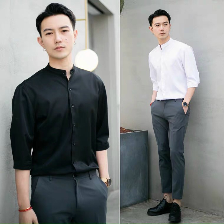Sơ mi nam cổ tàu trắng dài tay công sở cao cấp Hamino chất lụa đẹp form slimfit ôm dáng thời trang Hàn Quốc cổ trụ B | BigBuy360 - bigbuy360.vn
