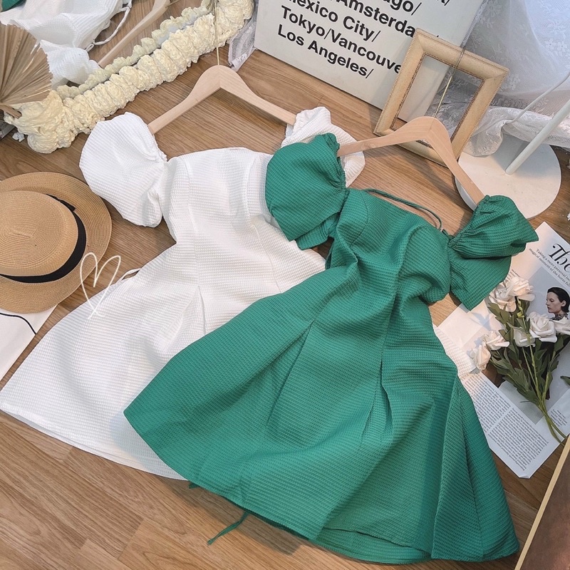 ĐẦM XỐP ĐAN DÂY TAY BỒNG đan lưng phía