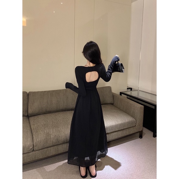 😄Váy cổ vuông tay dài , đầm thun dáng dài hở lưng bồng xòe bên dưới hàng cao cấp order Taobao