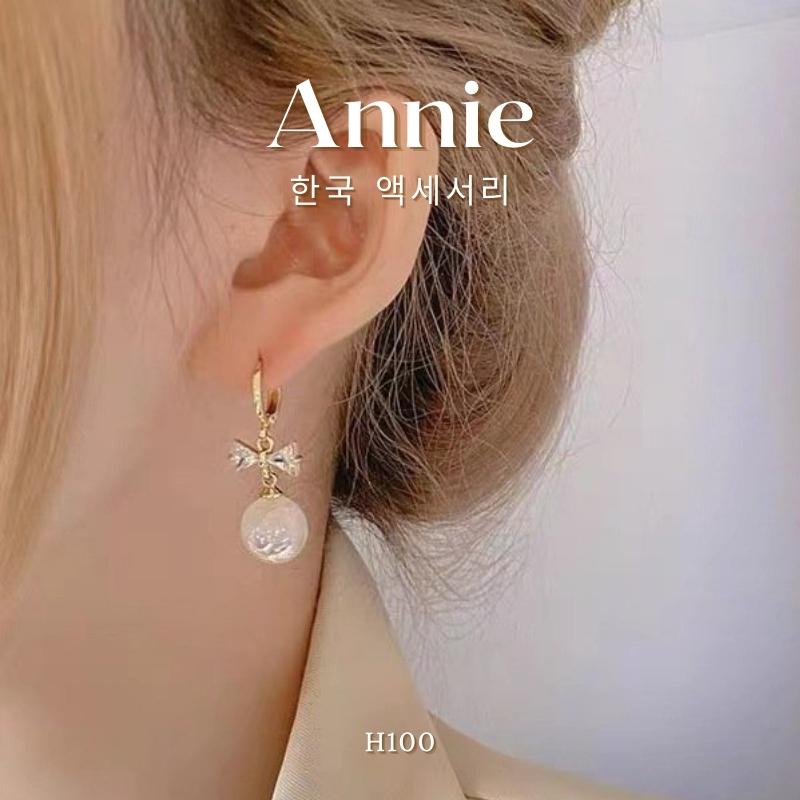 Bông tai ngọc trai nhân tạo hình nơ đính đá pha lê phong cách nữa tính ANNIE H99