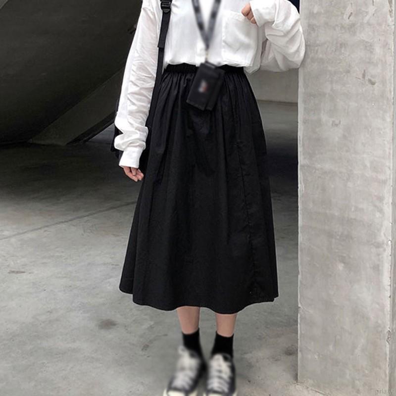 Chân Váy Midi Lưng Cao Màu Trơn Phong Cách Hàn Quốc