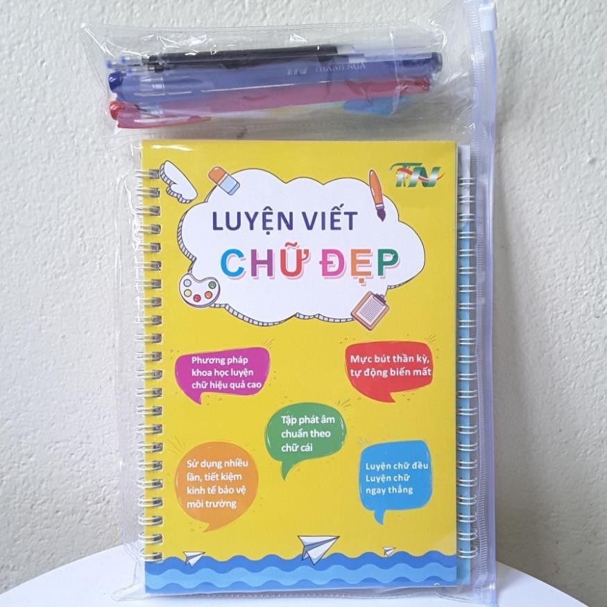 Học liệu gồm 3 tập tô luyện viết chữ số đẹp tự xóa thông minh kèm bút hàng Việt Nam