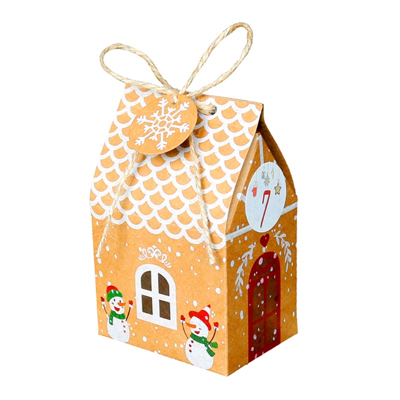 Set 24 bộ hộp đựng bánh kẹo hình ngôi nhà Giáng Sinh có miếng dán lịch mùa vọng 1-24 bằng giấy kraft và dây đay