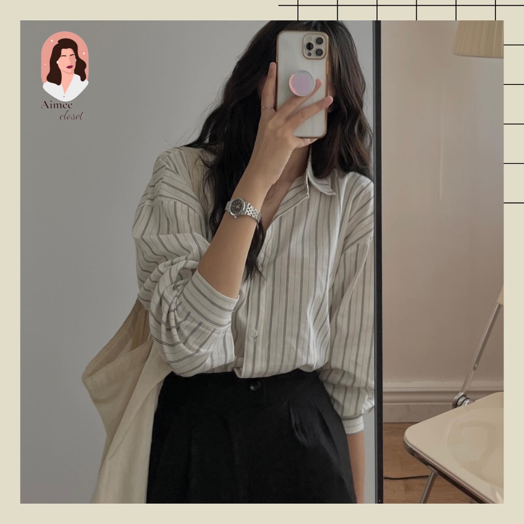 Sơ mi nữ freesize kẻ sọc cá tính Aimee closet