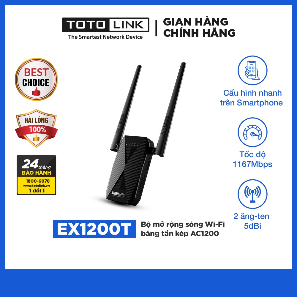 ⚡️[MÃ GIẢM GIÁ 30K] Bộ mở rộng sóng Wi-Fi băng tần kép chuẩn AC 1200Mbps TOTOLINK EX1200T Dễ sử dụng