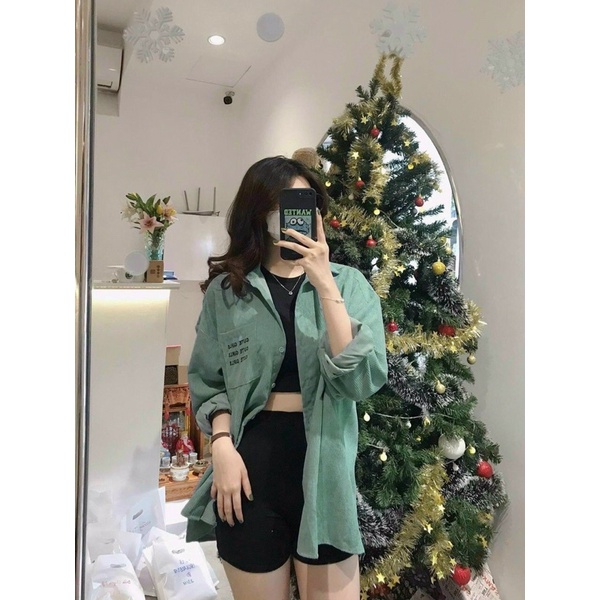 Áo khoác sơmi kaki nhung gân có túi unisex ulzzang nam nữ