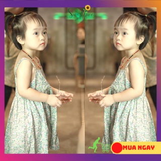 Váy cho bé gái 2 dây mùa hè chất thô thoáng mát hoạ tiết hoa nhí xanh hồng dễ thương