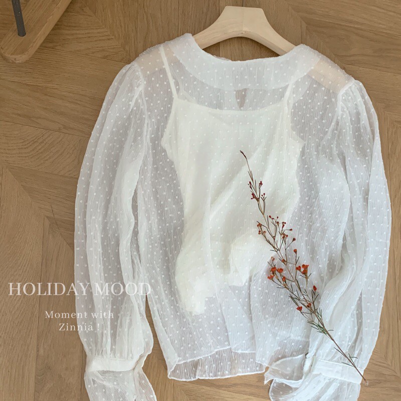 Set áo sơmi chấm tay xếp xoè
