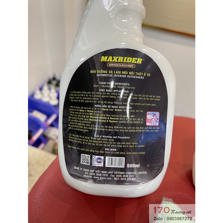 (HCM) (Tặng 1 Khăn Mềm 170 RACING OIL) Chai Xịt Bảo Dưỡng Và Làm Mới Nội Thất Ô TÔ MAXRIDER Hàng Việt Nam Chất Lượng Cao