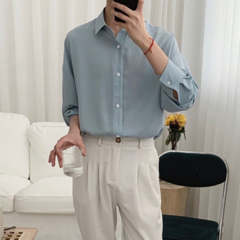 Áo sơ mi dáng rộng màu trơn đơn giản thời trang Hàn Quốc sang trọng cho nam