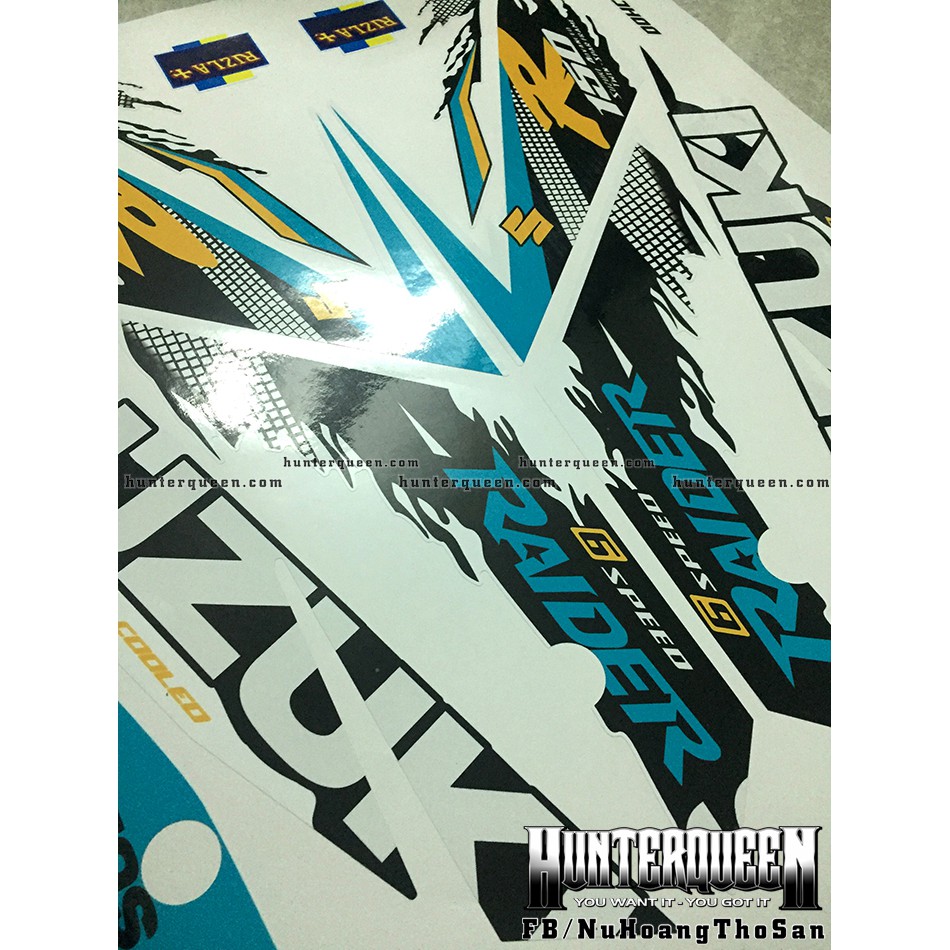 Tem rời chế Raider FI. Trắng xanh, chữ Suzuki. Thay đổi màu sắc và chi tiết theo yêu cầu. Sắc nét, bền màu