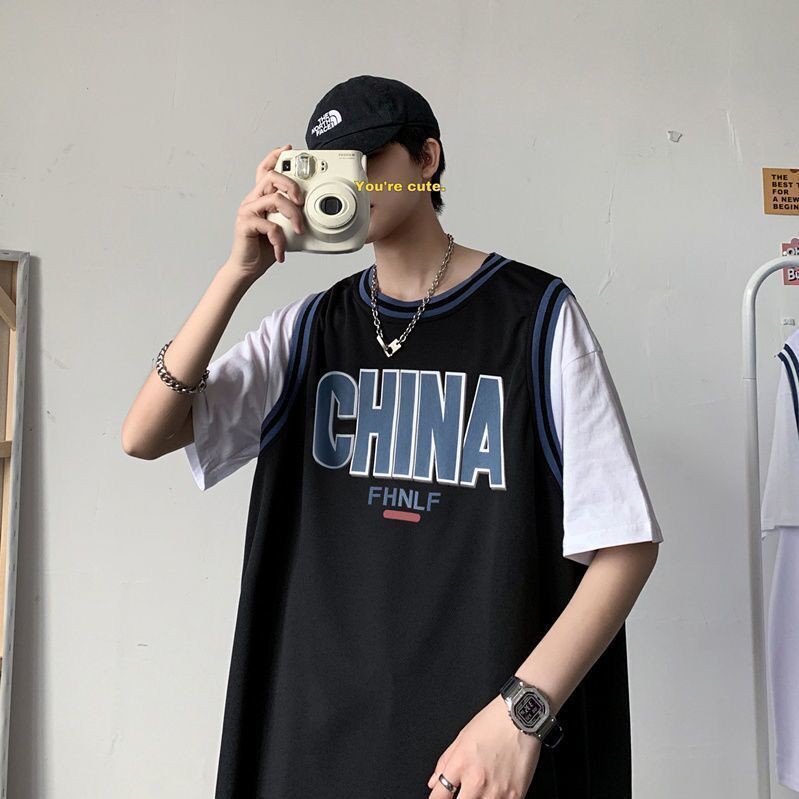 Mùa hè giả hai mảnh ngắn tay chạy bộ đồng phục bóng rổ giản dị hợp thời trang đồ thể thao nam sinh phiên bản Hàn Q
