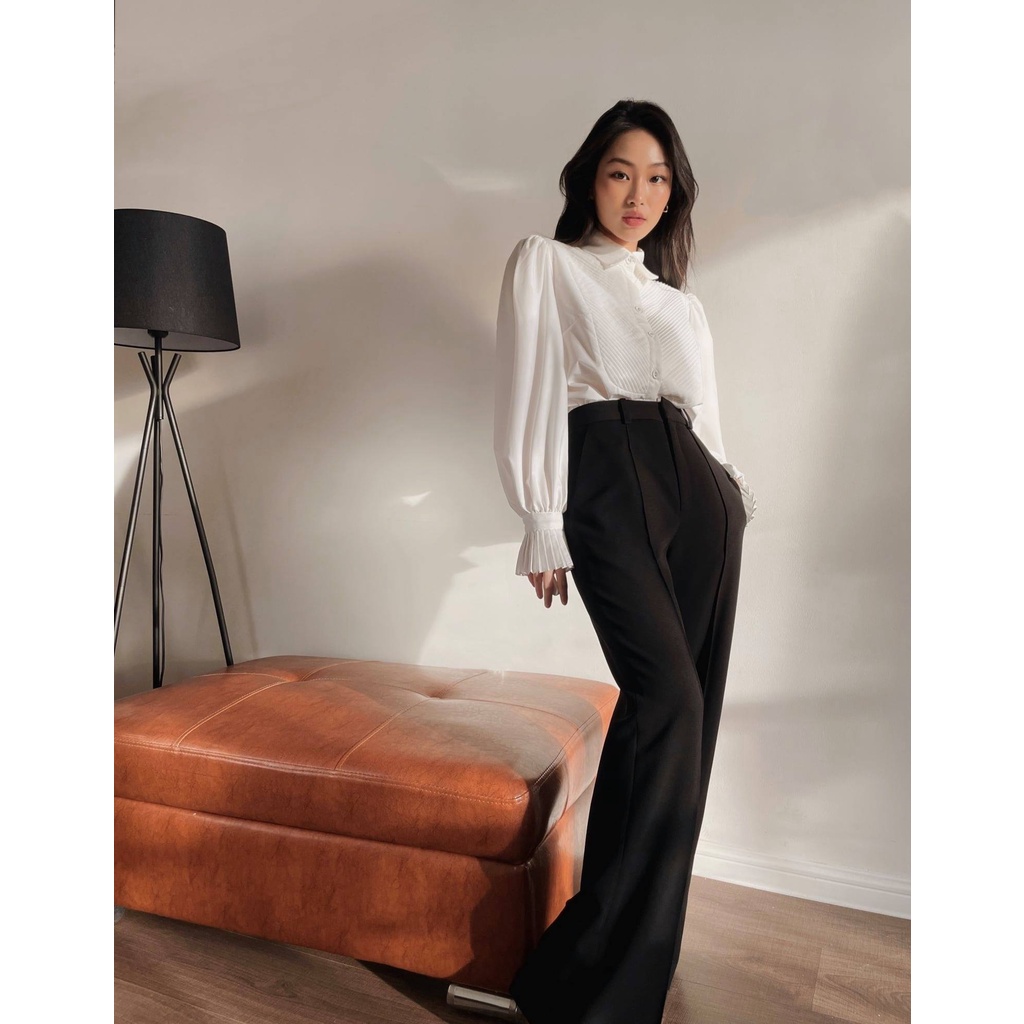 Áo sơ mi cotton lụa nữ HUONG BOUTIQUE HBSM931 tay bèo, dập ly