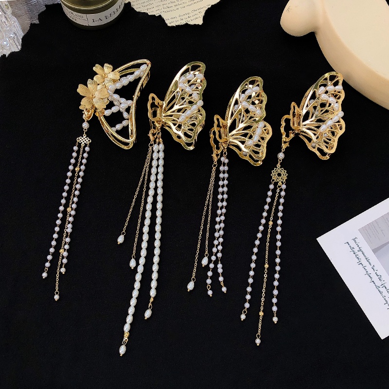 Kẹp Tóc Kim Loại Hình Cá Mập Đính Ngọc Trai Giả Phong Cách Hàn Quốc