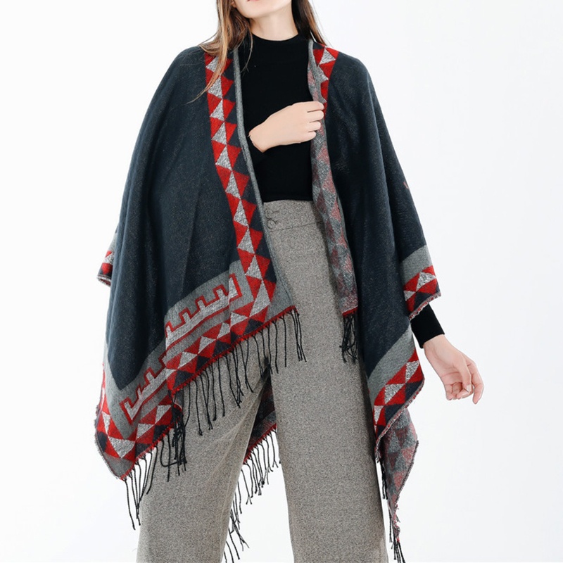 Khăn Choàng Poncho Tua Rua Họa Tiết Hình Học Nhiều Màu Sắc Phong Cách Vintage Dành Cho Nữ