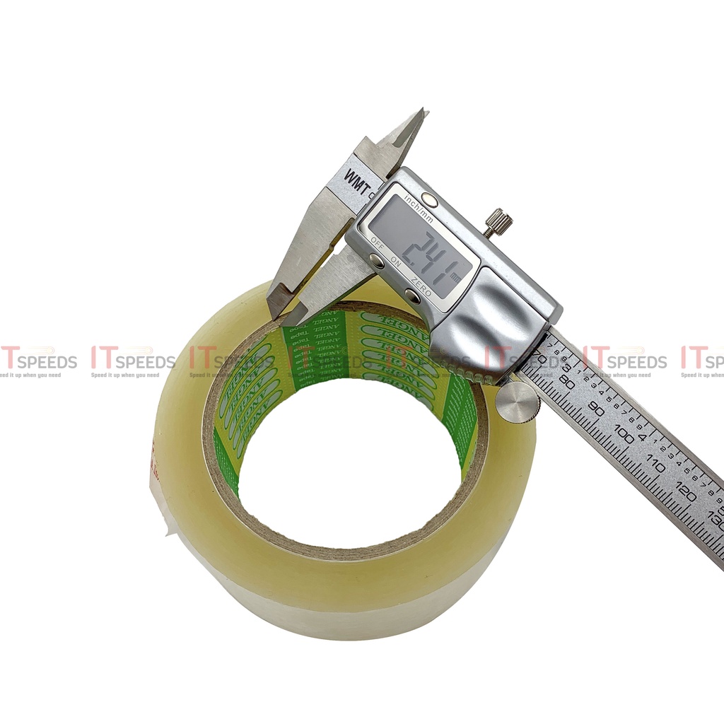 1 Cuộn Băng Keo Trong, Đục Dán Thùng Angel 4F8, 100 Yard, 200 Yard, Độ Dính 43 Mic, 6 Cuộn Nặng 1.2Kg, Đủ Yard, Đủ Mic