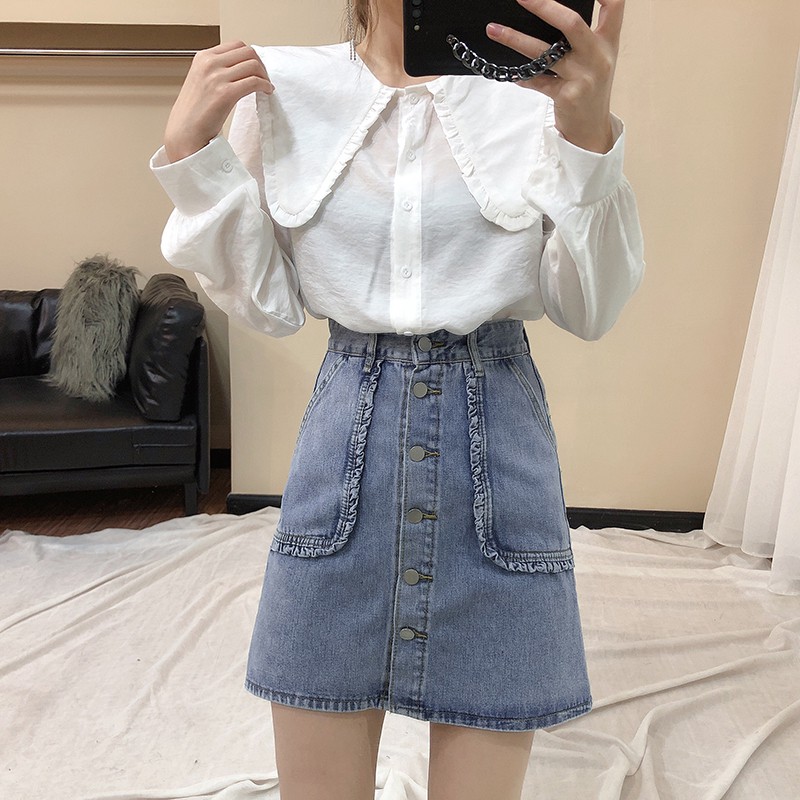 Set Áo Sơ Mi Tay Dài Cổ Búp Bê + Chân Váy Denim Eo Cao Đính Khuy Đơn Giản Trẻ Trung Cho Bạn Gái