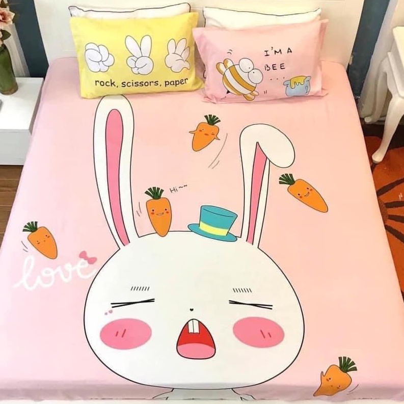 Bộ ga giường và vỏ gối Cotton 100% họa tiết 3D bé gái thỏ hồng Bedding ga gối Cotton Hàn Quốc đủ size drap nệm