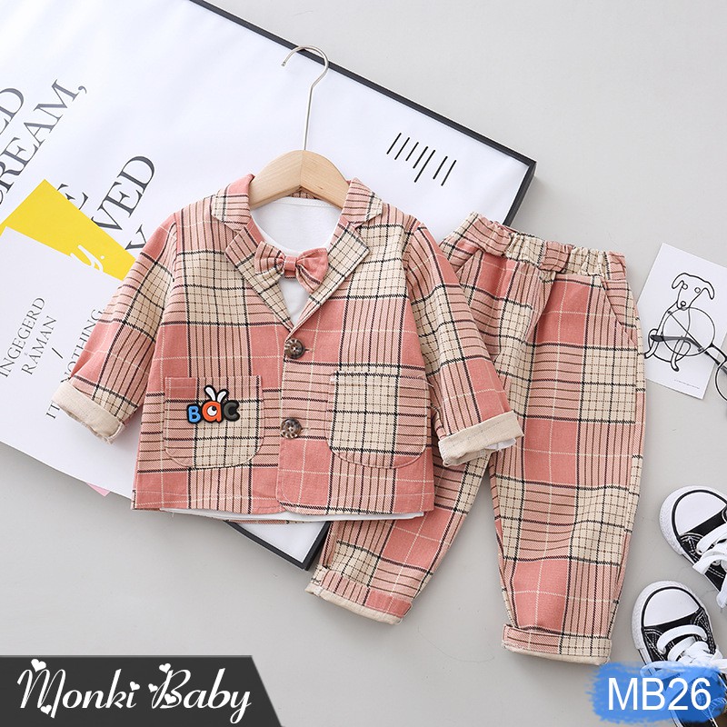 Bộ vest 3 chi tiết bé trai thời trang, chất thô dày dặn, phom dáng đẹp, kèm nơ xinh xắn, diện sinh nhật, sự kiện | MB26