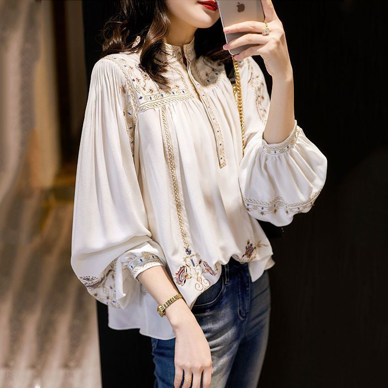 Sơ mi dáng baby doll tay bồng cổ tàu