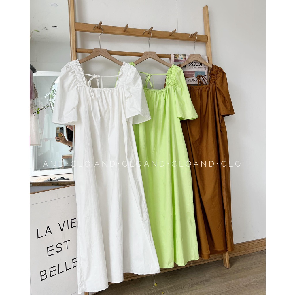 Đầm suông cổ vuông chun vai chất thô Hàn