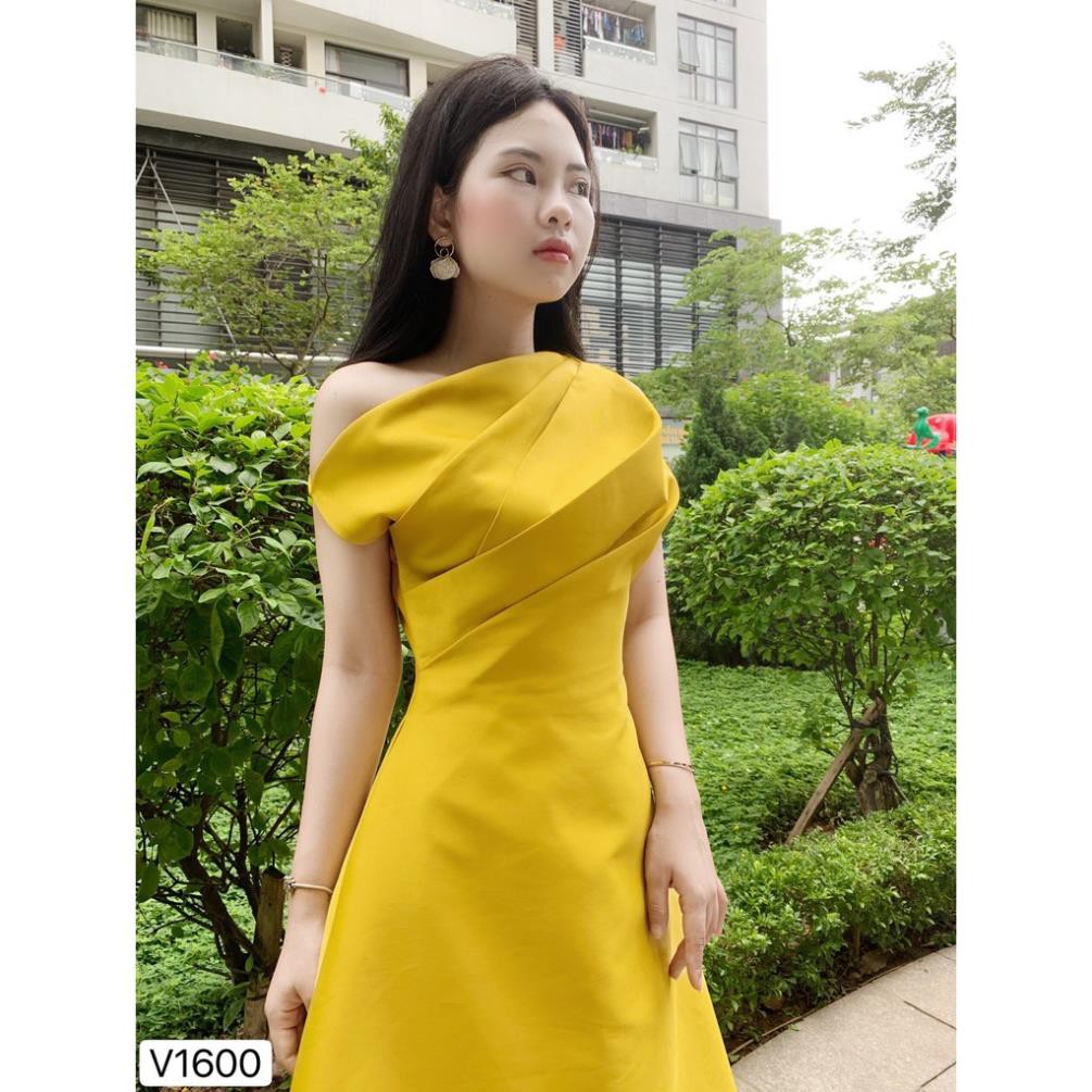 [ CAO CẤP] Váy vàng xòe lệch vai V1600 - CHATFASHION.VN ( Ảnh mẫu và ảnh trải sàn do shop tự chụp )