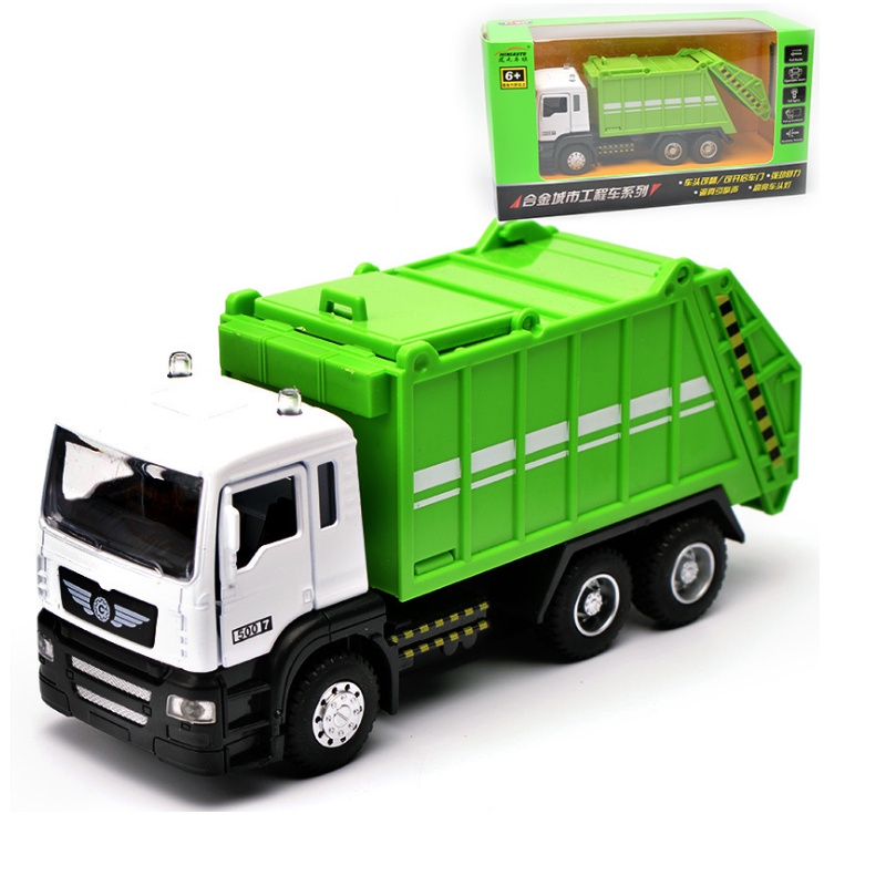 Đồ chơi trẻ em xe ô tô chở rác có âm thanh và đèn mở được cửa - mô hình tỉ lệ 1:50 có cabin xe bằng kim loại