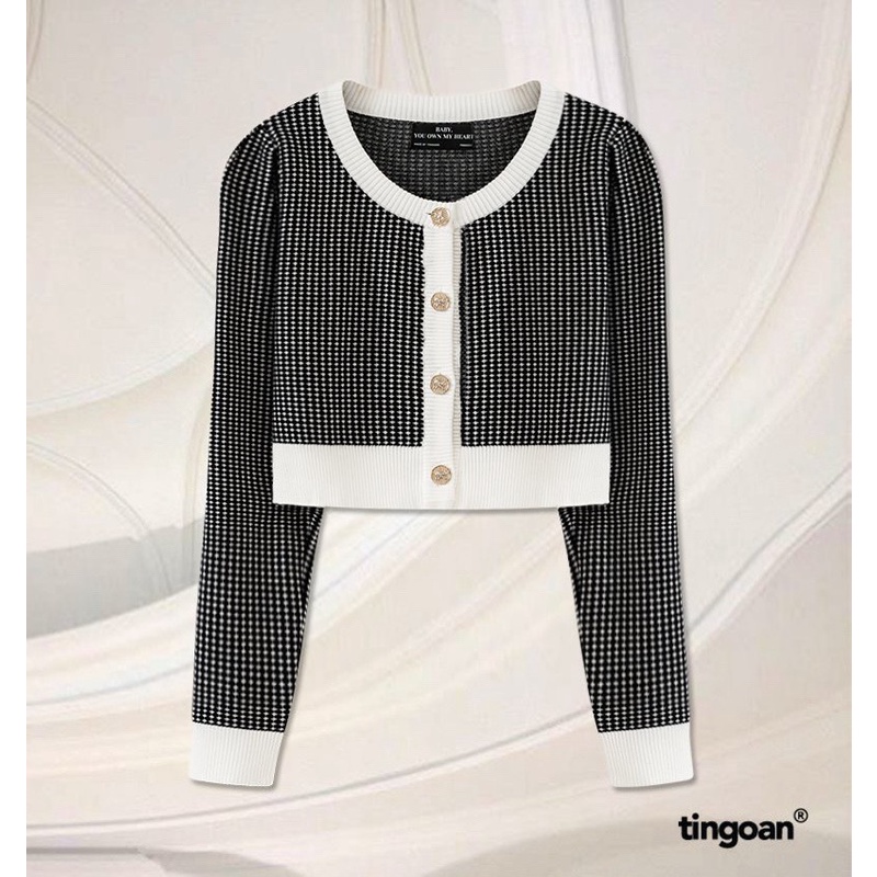 Áo set len xù cardigan lửng tặng kèm quây 2 dây kẻ caro nhỏ vai bồng tingoan LOULOU CARDIGAN/BL