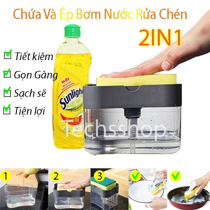 Hộp Bơm Xà Phòng Rửa Chén Đa Năng 2in1 - Soap Pump And Sponge Caddy - Tặng Kèm Bọt Biển