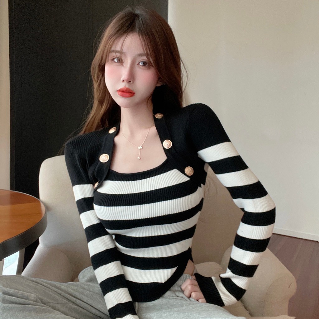 SUXI Áo Len Dài Tay Cổ Vuông Thiết Kế Mới Thời Trang Theo Phong Cách Hàn Quốc Cho Nữ