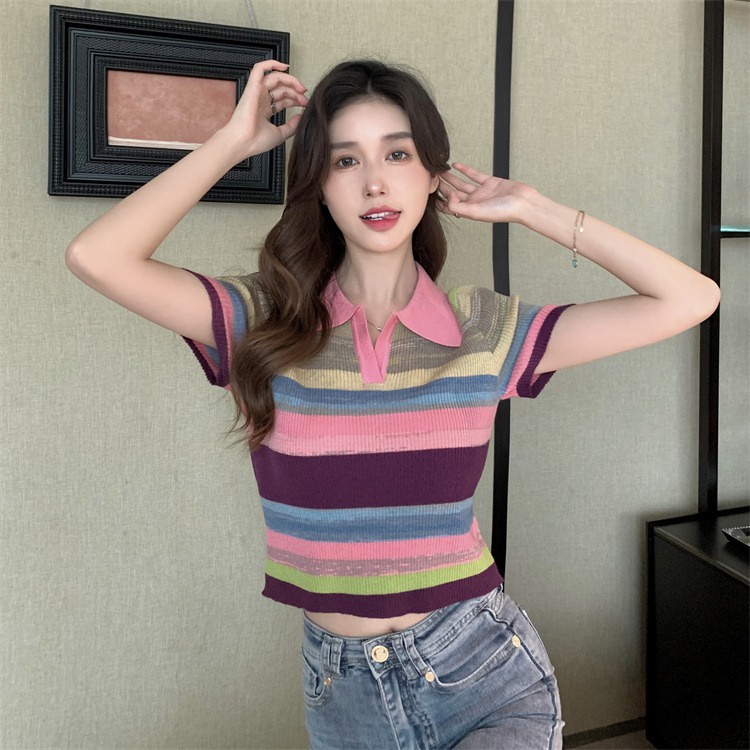 Áo thun ZHELIHANGFEI cổ polo tay ngắn họa tiết kẻ sọc cầu vồng thời trang