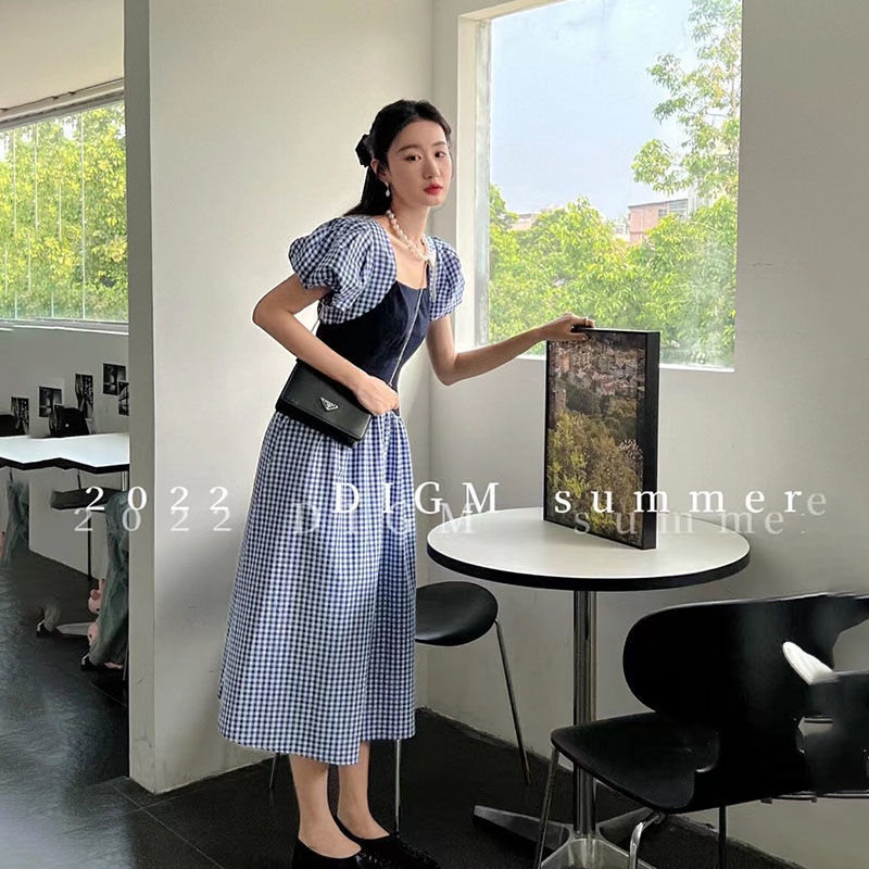 Đầm Chữ A Tay Phồng Họa Tiết Kẻ Sọc Phong Cách retro Thời Trang Hàn Quốc Cho Nữ