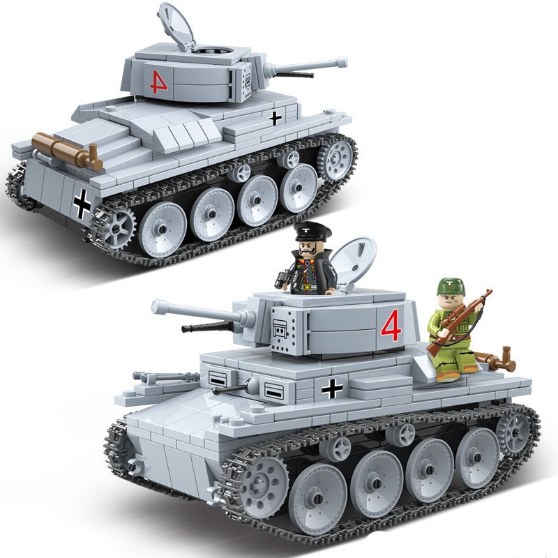 Đồ chơi Lắp ráp Mô hình xe tăng Quan guan 100082 535pcs Military WW2 Technic German Soldier LT-38 Light Tank