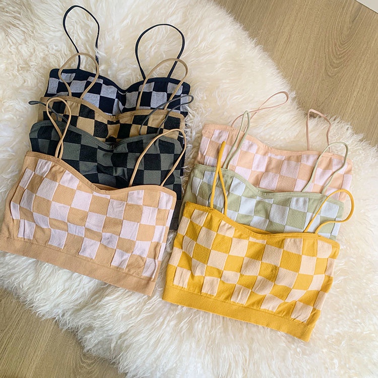 Áo Lót Hai Dây Không Đường May In Họa Tiết Sọc Ca Rô Thời Trang 2022 Cho Nữ