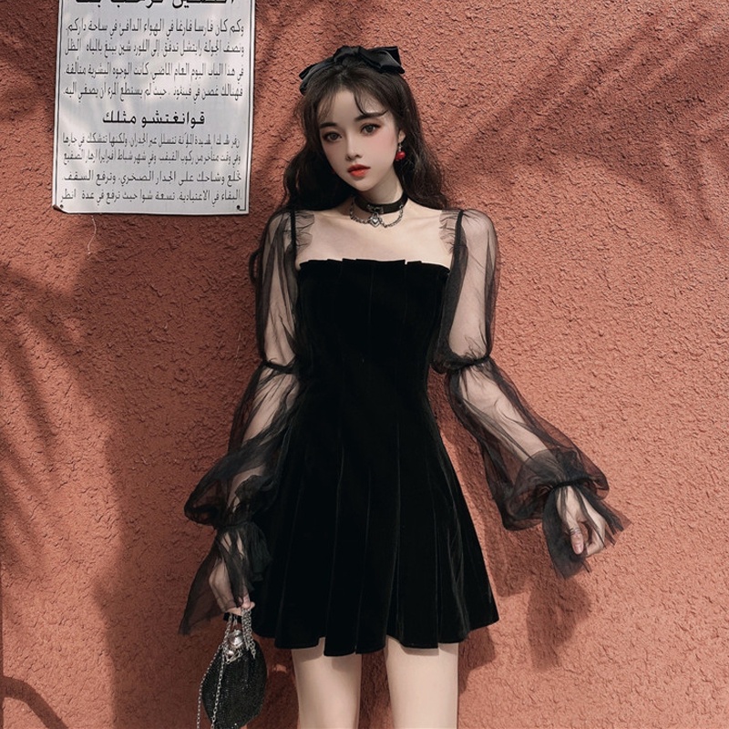 Beryl🌻Đầm🍄Váy tay phồng nữ mới Váy lưới trễ vai gợi cảm màu đen