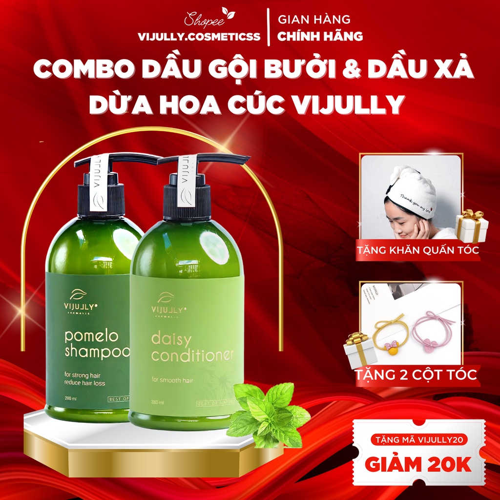 Combo gội xả Vijully Chính hãng,dầu gội bưởi và dầu xả dừa hoa cúc phục hồi tóc, giữ nếp tóc suôn mượt ( tặng kèm quà xi