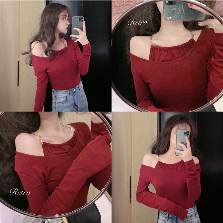 Áo thun COZOKC tay dài trễ vai cổ yếm dáng ôm thời trang quyến rũ cho nữ