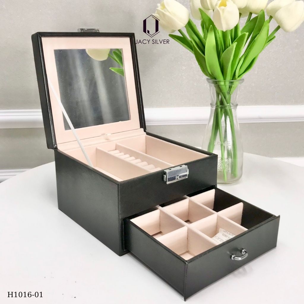 Hộp da đựng trang sức, dây chuyền, nhẫn, khuyên tai 2 tầng kèm gương H1016