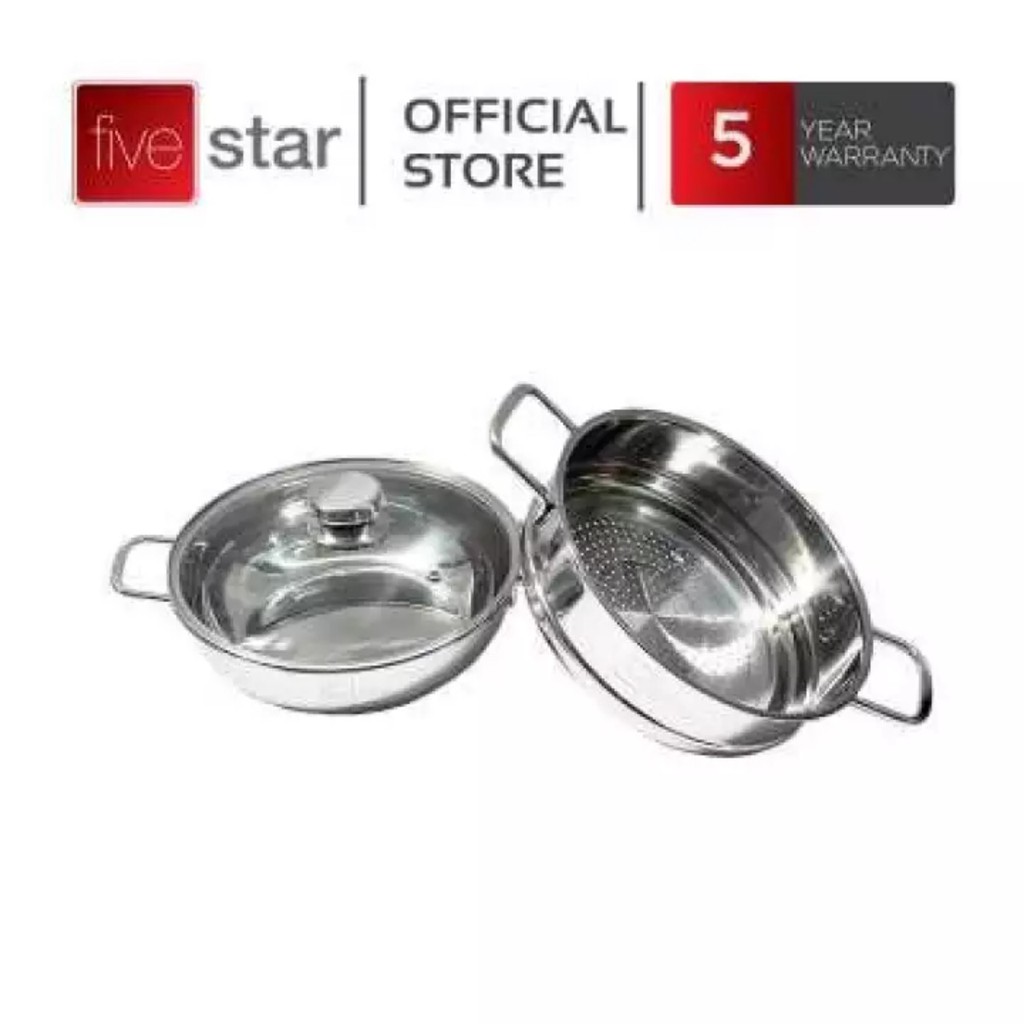 Compo Nồi lẩu 3 đáy sandwich và xửng hấp inox 430 Fivestar Standard nắp kính (24cm-26cm-28cm ),tặng 2 vá canh inox