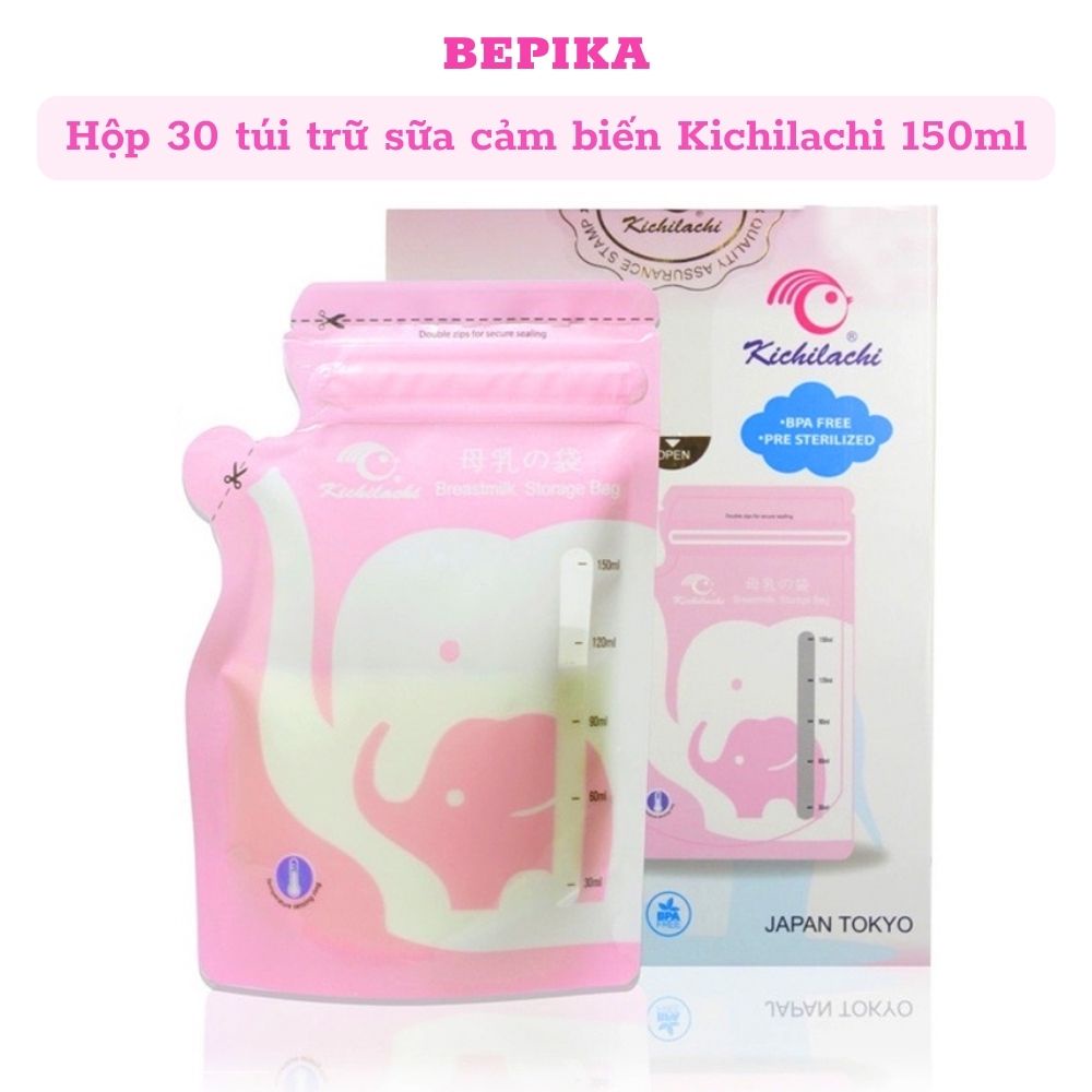 Hộp 30 túi trữ sữa cảm biến nhiệt Kichilachi 150ml có vòi không chứa BPA hình voi