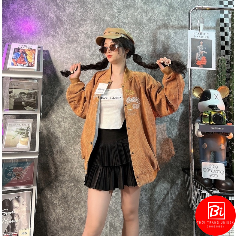 Áo Khoác Nữ Bomber Unisex Nhung Tâm Thêu Chữ_Chất Nhung Dày Dặn Mịn Xịn Thêu Sắc Nét Po Len Dệt Kim Cao Cấp