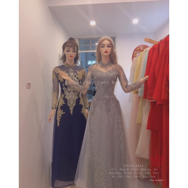 Áo dài tiệc màu xám đính đá trung niên hoặc sui gia tiệc
