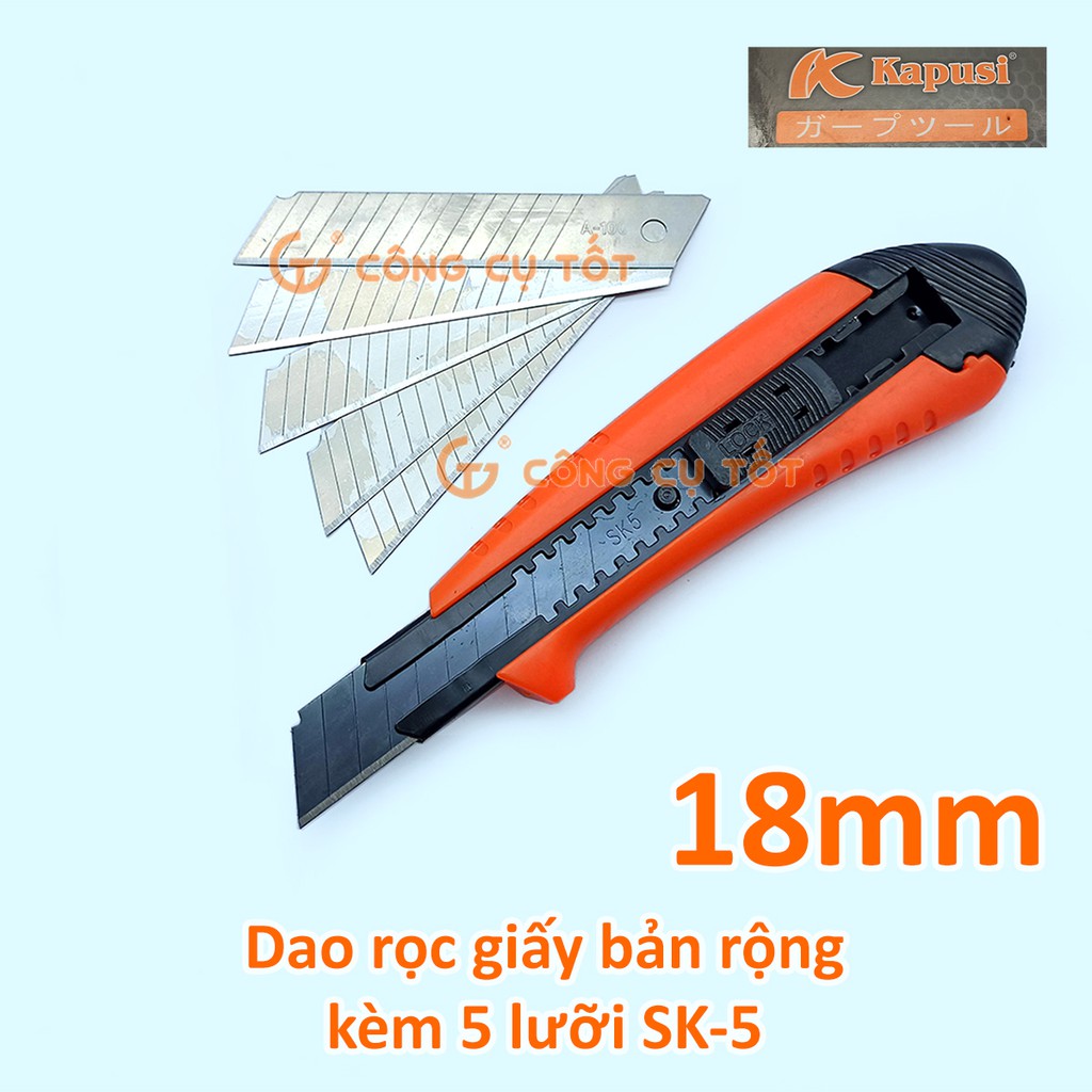 Dao rọc giấy bản rộng 18mm tặng kèm hộp 5 lưỡi Kapusi