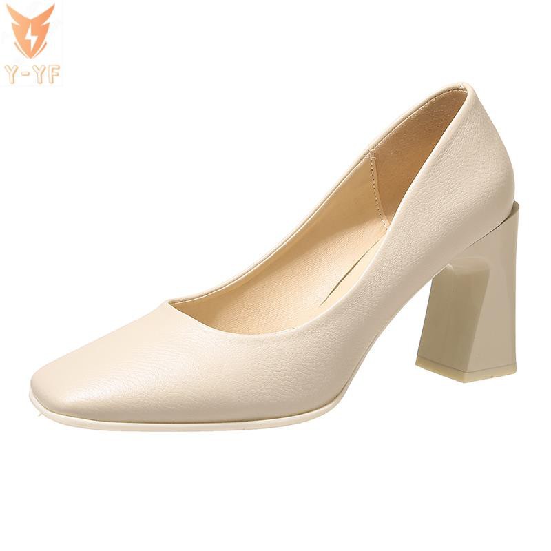 [High quality]Square toe high heels women's spring and autumn spring 2021 new net celebrity wild fairy style thick heel French shallow mouth shoes