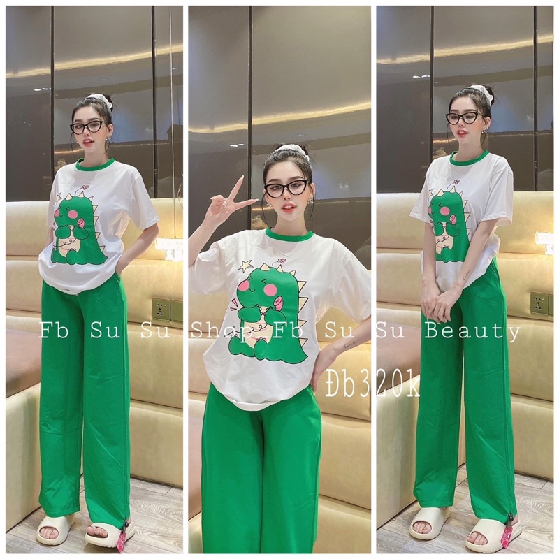Set quần suông áo thun cotton khủng long đáng yêu ( kèm hình thật)