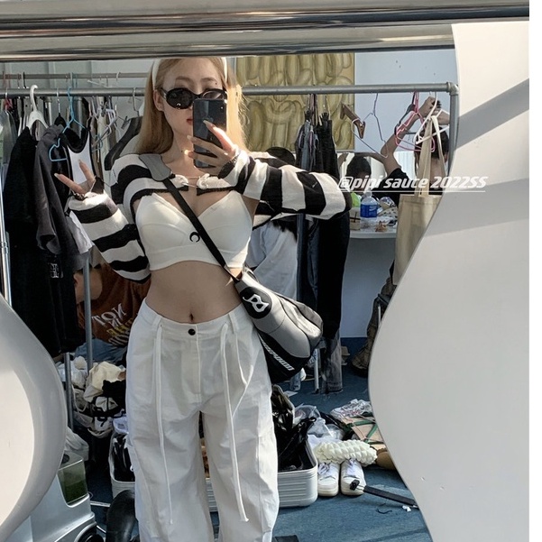 QKOOLE  Áo Lửng Tay Dài Họa Tiết Sọc Vintage Thời Trang Cho Nữ