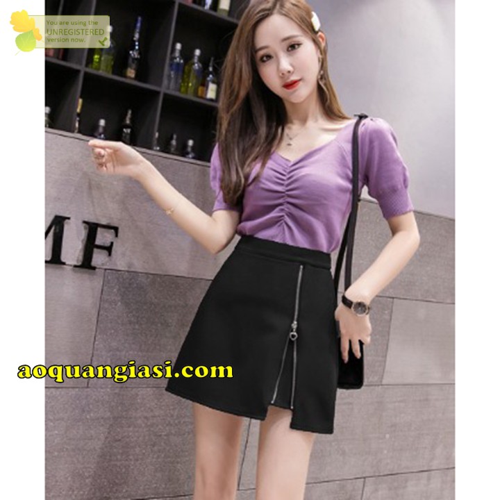 Chân váy kaki xẻ đùi dây kéo mẫu e MT386