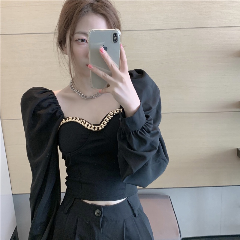 Áo kiểu tay dài cổ vuông phối dây xích thời trang mùa thu dễ phối đồ